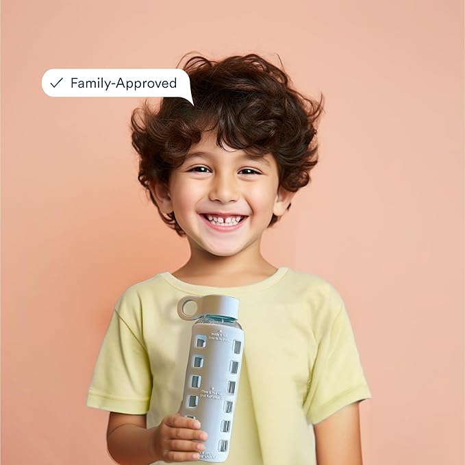 purifyou 40oz / 32oz / 22oz / 12oz Borosilicate Glass Water Bottle with Time & Volume Markers, Silicone Sleeve, Stainless Steel Lid | Reusable Glass Bottle for Water & Juice (12oz Ice Blue)