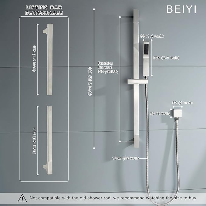 BElYl Shower Head with Slide Bar Brushed Nickel High Pressure Hand shower with Square 29" Long Slide Bar Adjustable Height Shower Head with Handheld Spray