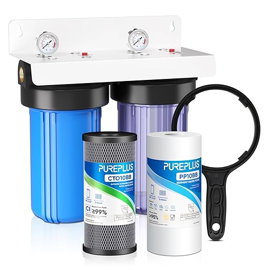 PUREPLUS 2-Stage Whole House Water Filtration System, 10" Universal Clear Housing, with Sediment, Carbon Block Filter, Reduce Chlorine, Taste, Odor, Includes Pressure Gauges, 1" Inlet/Outlet
