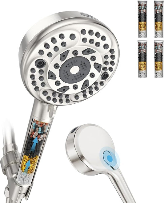 Filtered Shower Head with Handheld, 9 Spray Mode High Pressure Shower Head with 4 Filters, Hard Water Filter Showerhead - Remove Chlorine, Brushed Nickel