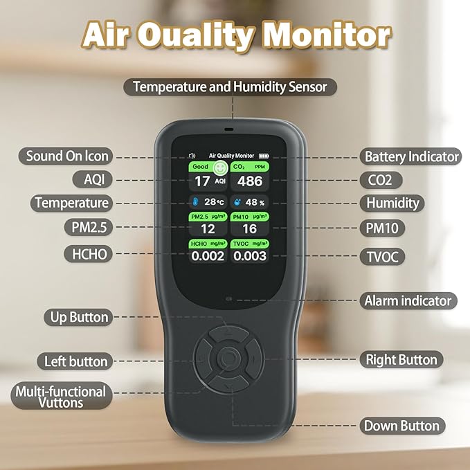 11-in-1 Air Quality Monitor - Portable Indoor Air Quality Detector with Stand, Real-Time Test for AQI, CO2, PM2.5, PM1.0, PM10, TVOC, HCHO, Particles, Temperature & Humidity with Aler (Black-Black)