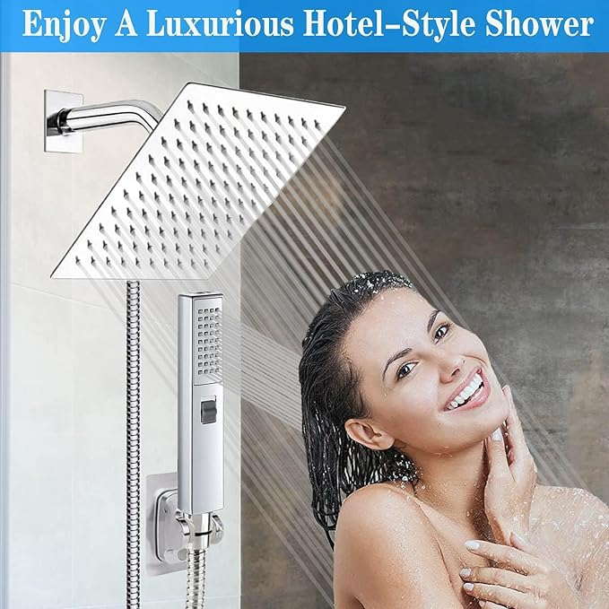Dual Shower Heads with Handheld Spray Combo, 6" High Pressure Square Rain Shower Head with Hose 78" Stainless Steel & 3-Way Diverter, Anti-Clog Nozzles, Ultra Thin Water Saving, Chrome, AWAXFOLO