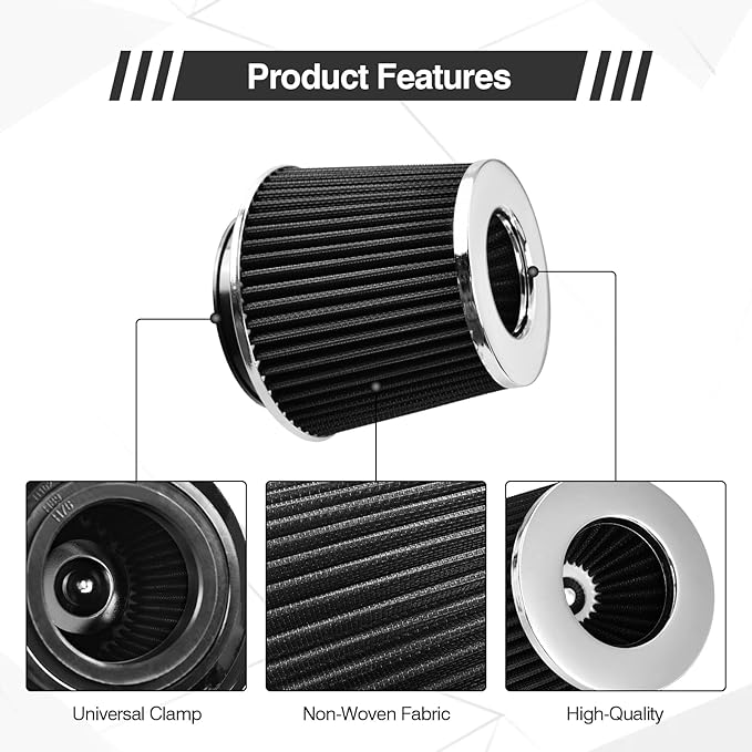 Universal Clamp On Air Intake Filter fits 3 In /3.5 In /4 In Three Different Size, Cone Air Intake Filter（Black）