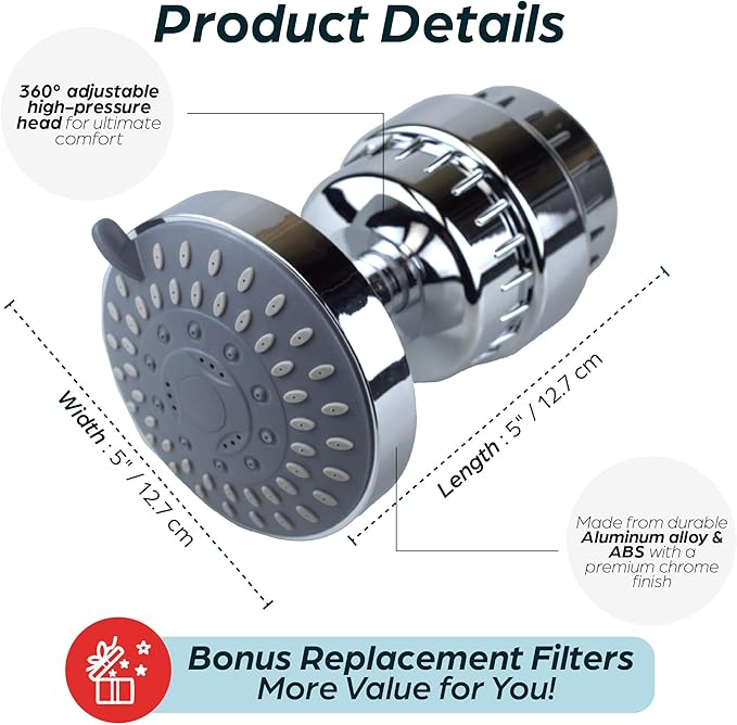 Filtered Shower Head – High Pressure 23 Stage Shower Filter for Hard Water – Removes Chlorine, Heavy Metals & Harmful Substances, Water Softener, Bonus Cartridge Included