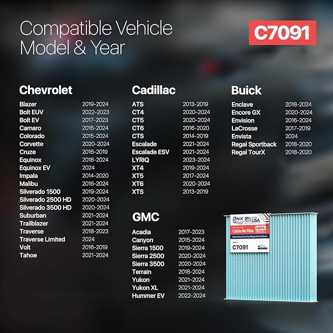 BNX TruFilter C7091 Cabin Air Filter, HEPA 99.97%, MADE IN USA, Compatible With Select Chevrolet: Silverado, Impala, Cruze, Malibu, Traverse, GMC: Sierra, Yukon, Terrain, Buick: Enclave, LaCrosse