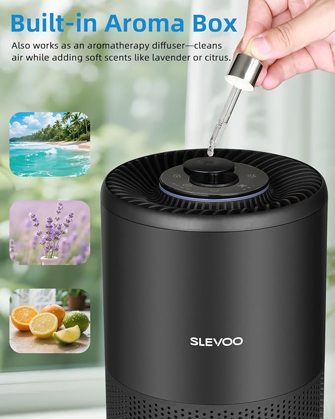 SLEVOO Air Purifier for Home Bedroom up to 1015 ft², Allergies Pet Hair, 3-in-1 Filter with hepa Air Purifier, Ultra Quiet 24 DB Sleep Mode,Aromatherapy,clean for Allergies,Pollutants,Smoke (black)