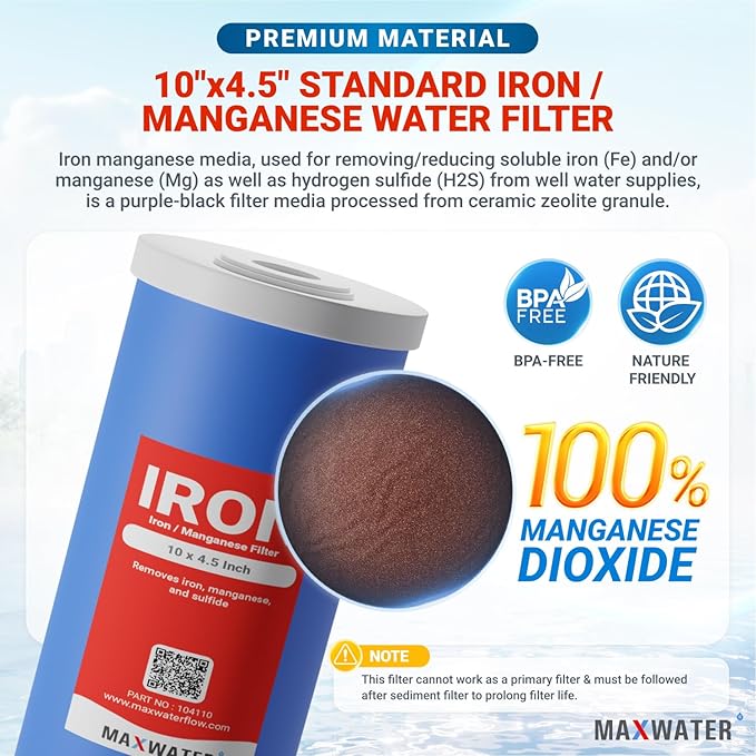 Max Water Whole House Iron and Manganese Reducing Replacement Water Filter Cartridge for Whole House Systems - 10" x 4.5" Iron Removal Filter for Well Water