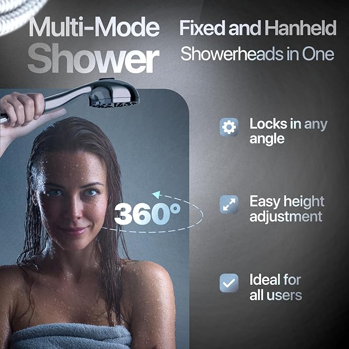 AQUAZEN® Dual Shower Head Combo | Adjustable Rainfall + Handheld Shower | 6 Spray Modes Each | Flexible Mount & Swivel Heads | 5ft Stainless Steel Hose | Premium Nickel Finish | Fits All US Showers