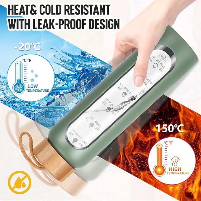 Aqulea Glass Water Bottles 25 Oz with Silicone Sleeve - BPA Free Reusable Wide Mouth Glass Motivational Water Bottles with Fruit Infuser – Leak Proof Borosilicate Water Bottle with Time Marker (Green)