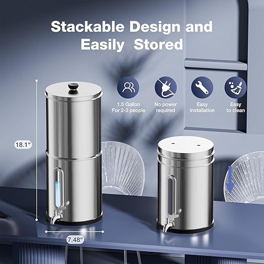 1.5G Gravity-fed Water Filter System - NSF/ANSI 42&372 Certified 18/8 Stainless Steel Countertop Water Filtration System - Water Level Window, Reduce 99.9% of Chlorine, for Camping, RVs