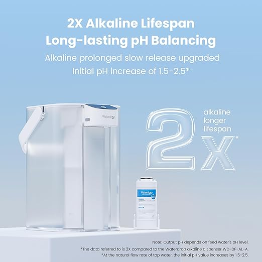 Waterdrop Alkaline Electric Water Filter Pitcher, Rechargeable Water Dispenser, Instant 200-Gallon 15-Cup Countertop Purifier, NSF/ANSI 42, Reduce PFOA/PFOS, Chlorine, Lead, White, with 1 Filter