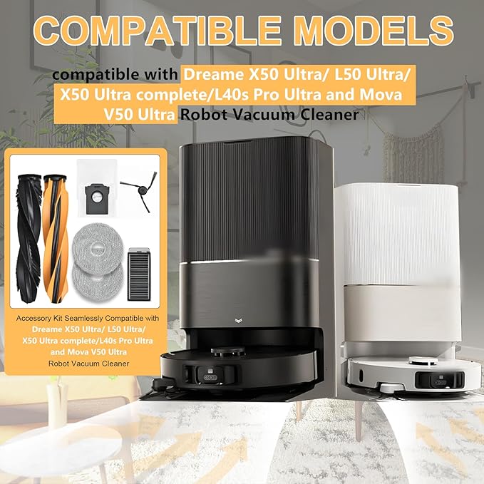 Accessories Replacement Parts Compatible with Dreame X50 Ultra/ L50 Ultra/ L40s Pro Ultra and Mova V50 Ultra Robot Vacuum Cleaner,4 Rubber Main Brush,6 Filters,6 Dust Bags,8 Mop Pads,6 Side Brushes