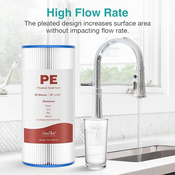 SimPure 10"x4.5" Pleated Sediment Water Filter, 20 Micron Whole House Water Filter Cartridge for Well Water Compatible with FXHSC, ECP20-BB, R50-BBSA, CB1-SED10-BB (4 Pack)