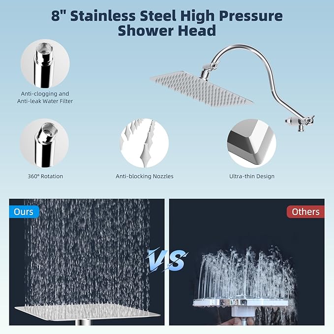 Hibbent All Metal Shower Head, 8'' High Pressure Rainfall Shower Head, Handheld Showerhead Combo with 12'' Adjustable Curved Extension Arm, 10-Spray, 71'' Hose, Adhesive Showerhead Holder, Chrome