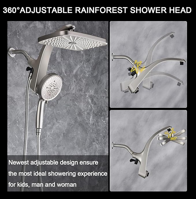 High Pressure Rain Shower Head: Upgrade Shower Heads with Handheld Spray Combo with Fixed Showerhead and 10 Sprays Handheld Shower Head, Detachable Showerheads Built-in Magnetic Docking and Power Jets