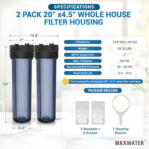 Max Water Whole House 20" x4.5" Purple Clear WH Water Filter Housing 1 inch Inlet/Outlet Ports with Wrench and Bracket (2 Housing)