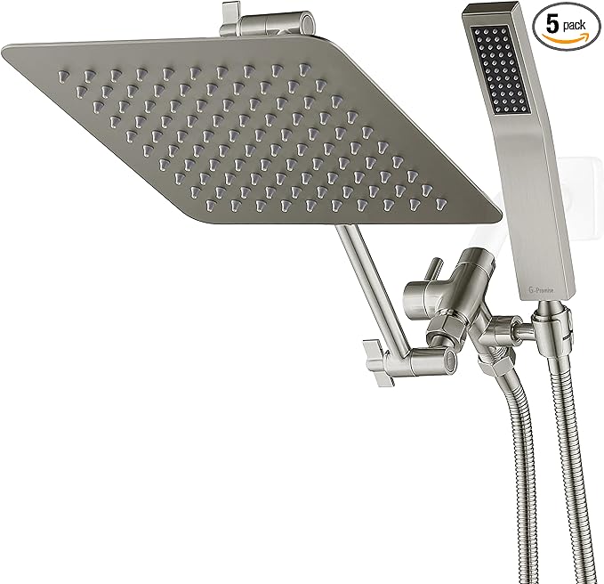 G-Promise All Metal 10" Dual Square Shower Head Combo | Rain Shower Head | Handheld Shower Wand | Adjustable | 3-Way Diverter | 71" Extra Long Hose - A Bathroom Upgrade(Brushed Nickel)
