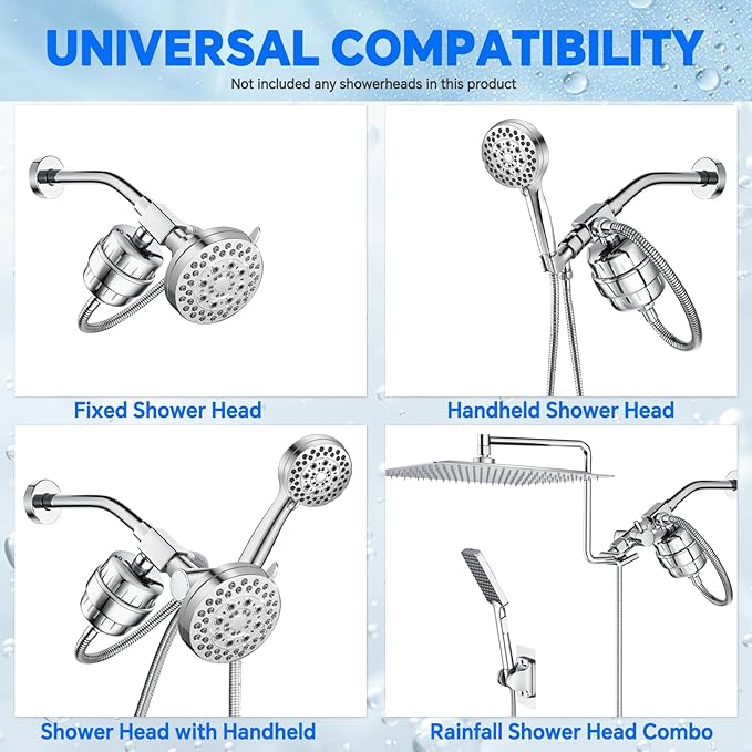 Universal 15 Stage Shower Head Filter for Hard Water, Dual ShowerHead Simultaneously Filtering, Suitable Majority Rain Rainfall Shower Head Combo, Easy Install - Polished Chrome