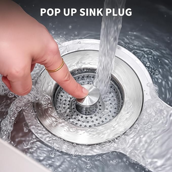 2 Pack – 3-in-1 Kitchen Sink Drain Strainer Stopper, 304 Stainless Steel Pop Up Sink Plug with Removable Filter Basket, Fits 3-1/2” US Standard Drain, Anti-Clog, Rustproof, Odor Blocker