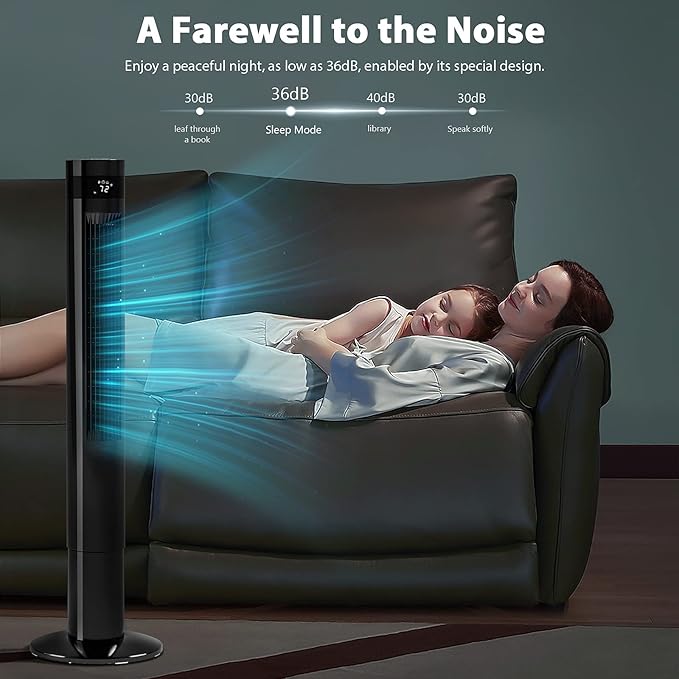 Antarctic Star Tower Fan Portable Floor Fans 85°Oscillating Fan 43'' Quiet Cooling 12H Timer Remote Control Standing Bladeless Electric 3 Speeds Wind 3 Modes Bedroom Office(43 inch, Black)