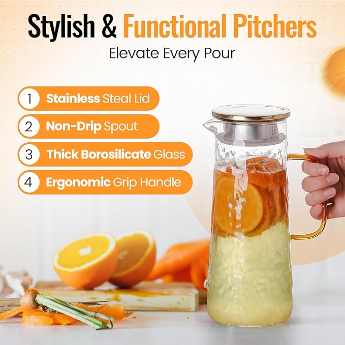 Glass Water Pitcher with Stainless Steel Lid, 2 Pack, 50 oz 1.5L - Borosilicate Glass Jug, Heat Resistant Carafe with Filter, Golden Vintage Design