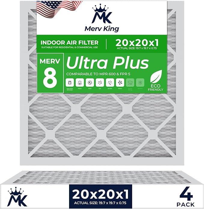 MervKing 20x20x1 Air Filter Actual Size: 19.7" x 19.7" x 0.75" MERV 8 MPR 600-700 | MADE IN USA | 4-Pack | Pleated HVAC AC Furnace Replacement