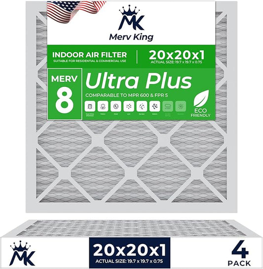 MervKing 20x20x1 Air Filter Actual Size: 19.7" x 19.7" x 0.75" MERV 8 MPR 600-700 | MADE IN USA | 4-Pack | Pleated HVAC AC Furnace Replacement