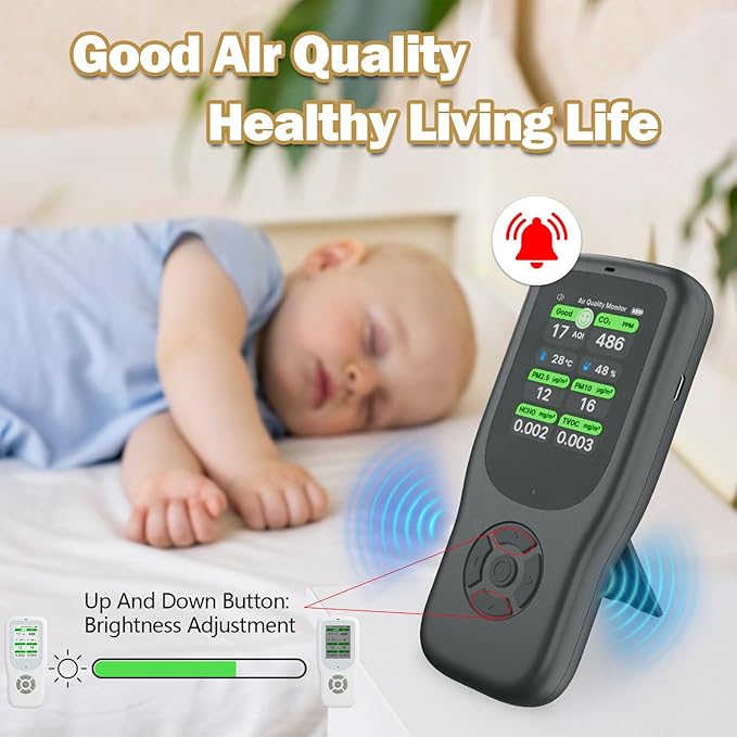11-in-1 Air Quality Monitor - Portable Indoor Air Quality Detector with Stand, Real-Time Test for AQI, CO2, PM2.5, PM1.0, PM10, TVOC, HCHO, Particles, Temperature & Humidity with Aler (Black-Black)
