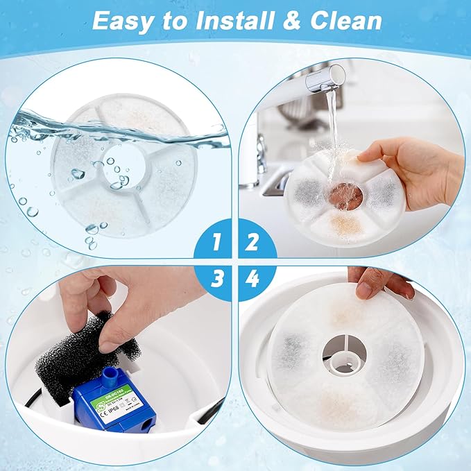 12 Pack Cat Water Fountain Filter, 8 Pcs Cat Fountain Filters Replacement & 4 Pcs Pre-Filter Sponges for 81oz / 2.4L Round Automatic Pet Water Fountain Dog Dispenser, 3-Filtration System