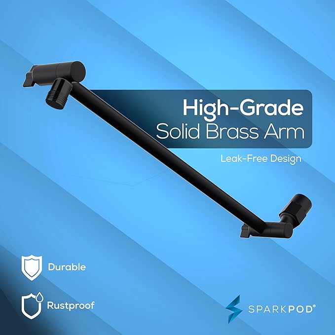 SparkPod Square Rain Shower Head with Shower Head Extension Arm - High Pressure Rain - Luxury Modern Look - No Hassle Tool-less 1-Min Installation (16" Shower Arm Extension, Midnight Black Matte)