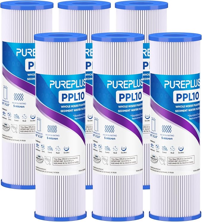 PUREPLUS 5 Micron 10"x2.5" Whole House Pleated Sediment Filter for Well Water, Replacement Cartridge for Universal 10 inch RO System, W50PE, WFPFC3002, SPC-25-1050, FM-50-975, 801-50, WB-50W, 6Pack