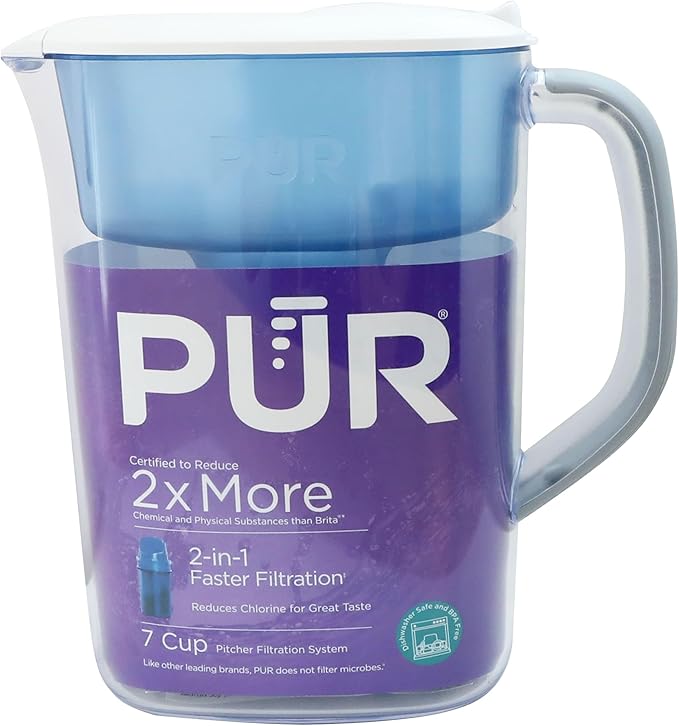 PUR 7-Cup Water Pitcher, 1 Genuine Filter, Cleaner, Great-tasting Water, Dishwasher Safe, Powerful, Faster Filtration, LockFit Cap Design - White