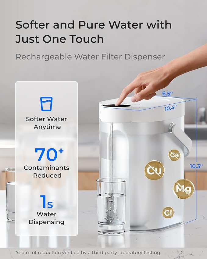 Waterdrop Rechargeable Water Filter Dispenser, 5-Stage Long-Life Instant Electric Powerful Pitcher, Reduce 70+ Contaminants, Soften Water, 15-Cup Countertop Water Filtration System, NOT Reduce TDS