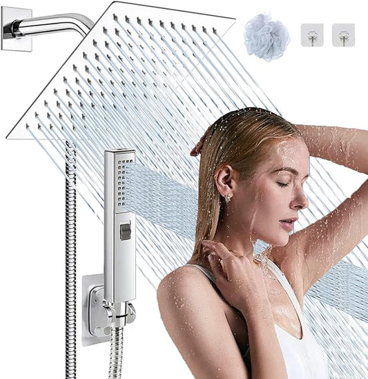 8"High Pressure Square Rain Shower Head and 2-in-1 Hand Shower.Equipped with 78"Hose, 3 Way Diverter Valve,Adhesive Shower Head Holder.(AWAXFOLO Square Shower Head Set chrome)