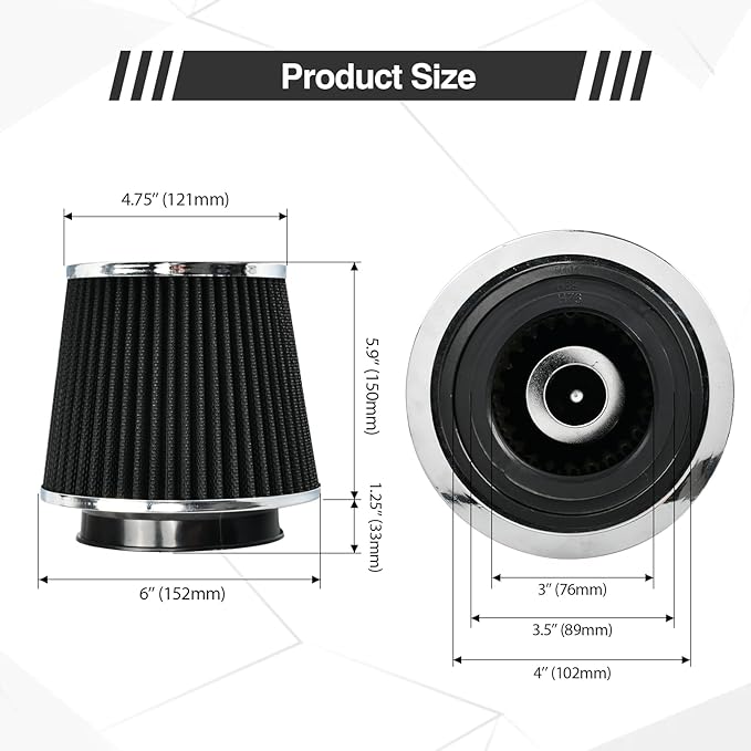 Universal Clamp On Air Intake Filter fits 3 In /3.5 In /4 In Three Different Size, Cone Air Intake Filter（Black）