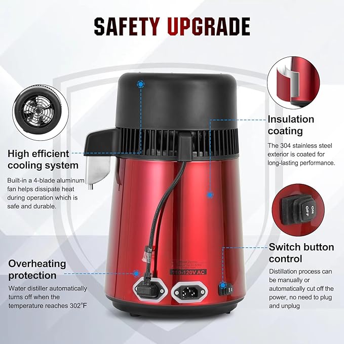 DC HOUSE Upgrade 1 Gallon Water Distiller, 4L Stainless Steel Home Countertop Drinking Pure Water Distiller Machine with On Off Switch, Glass Container