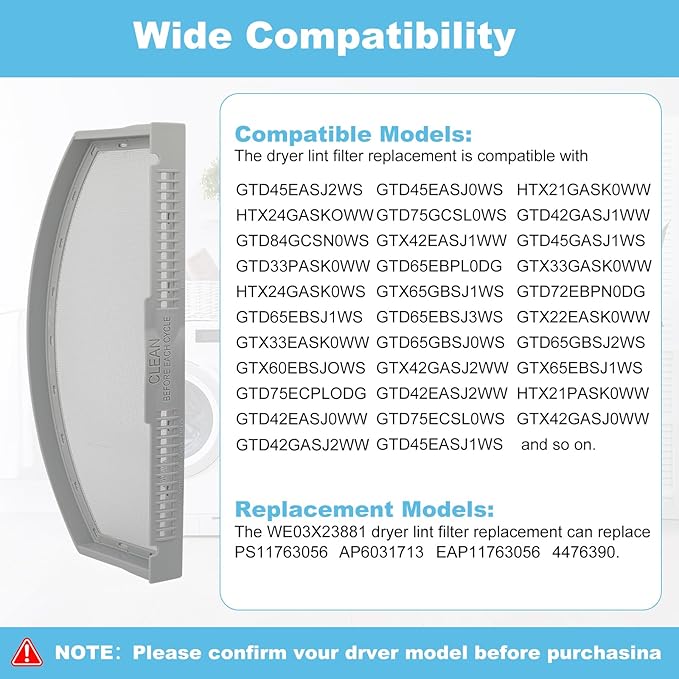 2 Pack WE03X23881 Dryer Lint Filter Replacements Compatible with GTD45EASJ2WS GTD45EASJ0WS HTX21PASK0WW Dryer Lint Screen Trap, Replaces PS11763056 AP6031713