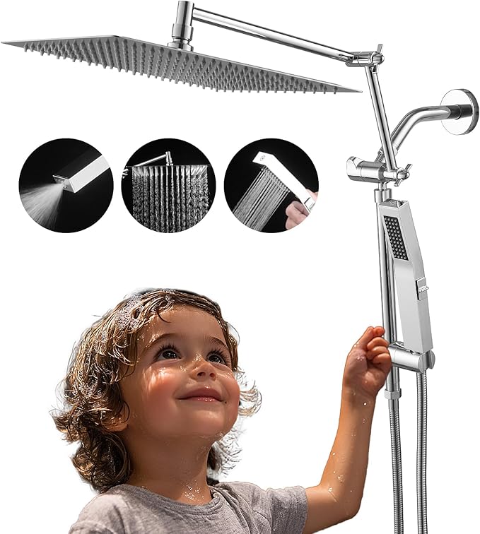 All Metal 12 Inch Rain Shower Head with Handheld Spray Combo, High Pressure Waterfall Rainfall Square Shower Heads with 16" Adjustable Extension Arm, Dual Showerhead with 3-Way Diverter, Chrome