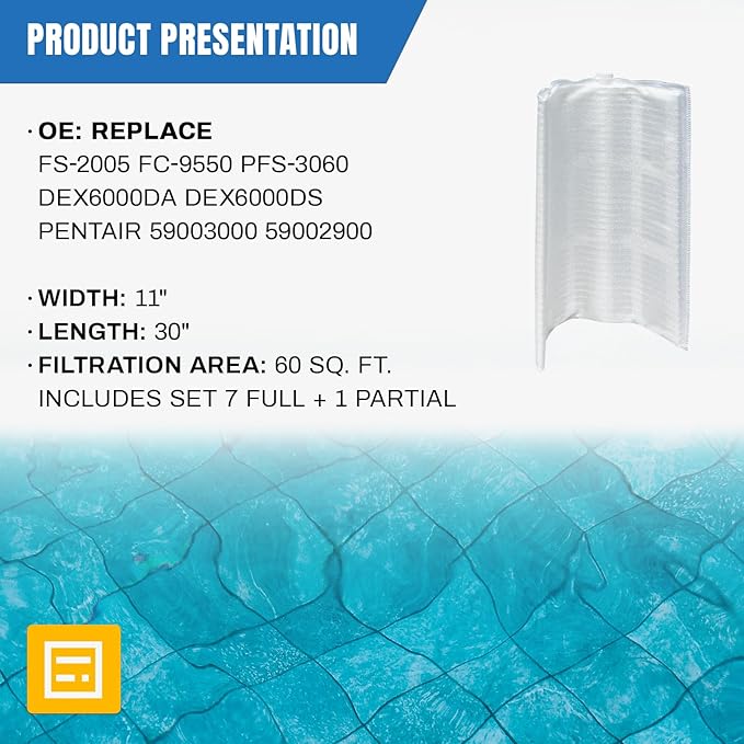 FG-1005 DE Grid Filter Compatible with FNS Plus 60, 59003000, Jandy DEL/DEV60,DE6020, FS-2005, PFS3060, FC-9550,PG-1905, 60 Sq.Ft DE Grid Swimming Pool Filter Cartridge, 7 Full + 1 Partial