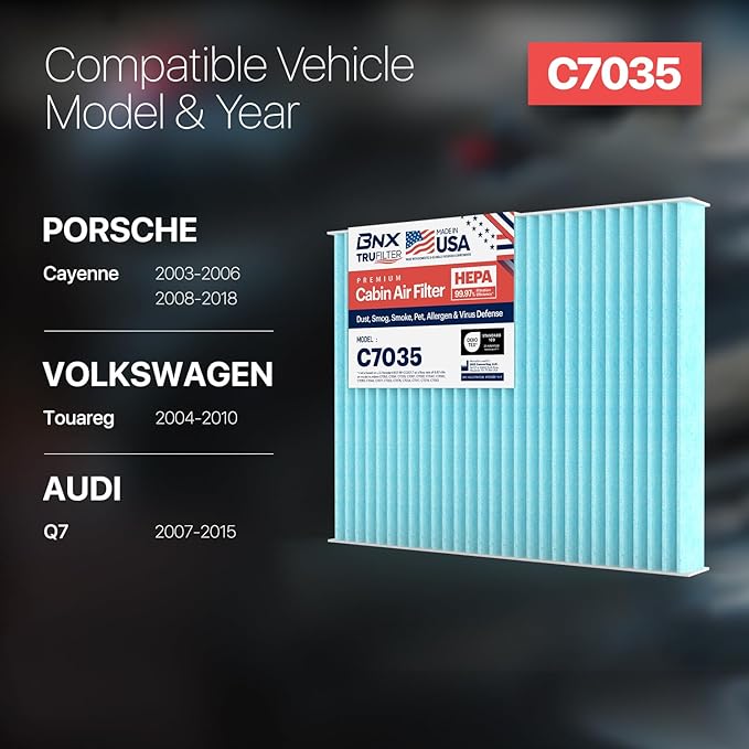 BNX TruFilter C7035 Cabin Air Filter, HEPA 99.97%, MADE IN USA, Compatible With Audi Q7, Porsche Cayenne, Volkswagen Touareg