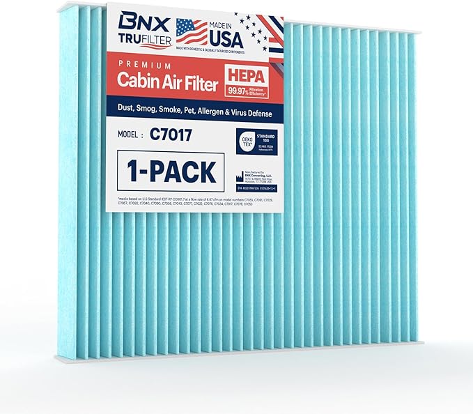 BNX TruFilter C7017 Cabin Air Filter, HEPA 99.97%, Compatible With Select Infiniti EX, FX, G, M, Q, QX; Compatible with Nissan Armada, GT-R, Titan; Ram C/V; Volkswagen Routan