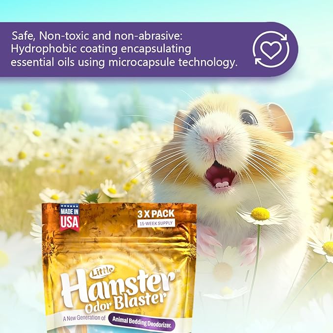 Hamster Odor Blaster | a New Generation Of Animal Bedding Deodorizer | Unique Slow Release Formula | Natural Fresh Scent - Lavender & Chamomile | Up to 15 Weeks Supply | 3 x 0.5oz bags