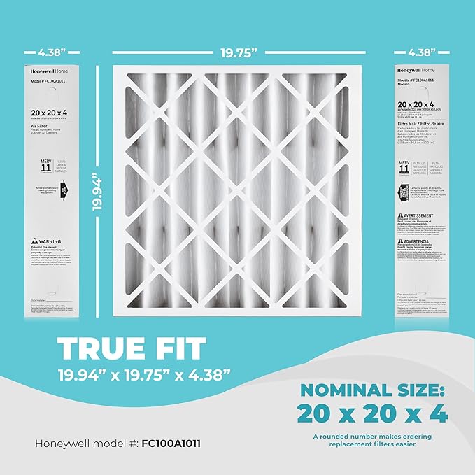 Honeywell 20x20x4 Air Filter Replacement MERV 11, FC100A1011 Pleated HVAC AC Furnace Filters with Wholesalehome Cleaning Cloth, 4-Pack (Actual Size: 19.94 x 19.75 x 4.38 Inches)