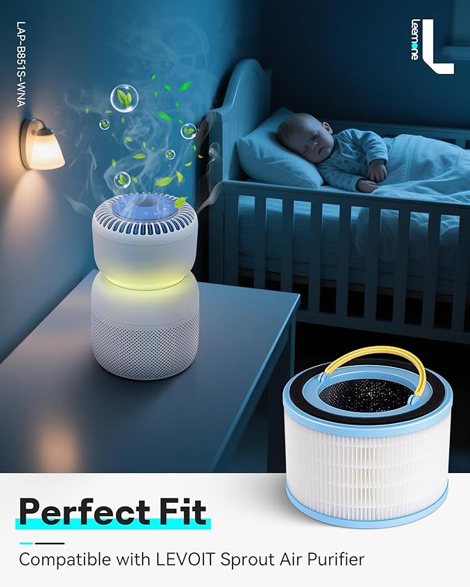 Leemone Sprout Air Purifier Replacement Filter Compatible with LEVOIT Air Purifier for Baby, 3-Layer Filtration HEPA High-Efficiency Activated Carbon, LRF-B851-WNA, 2 Pack