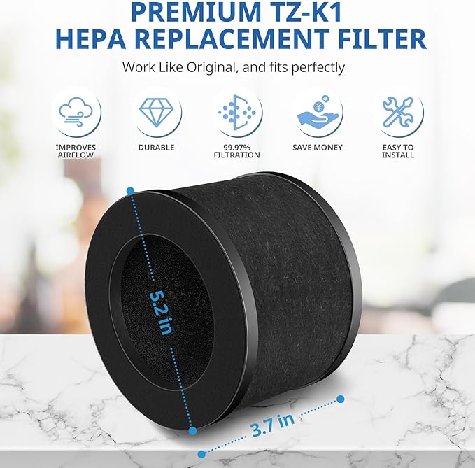 2 Pack TZ-K1 Replacement Filter Compatible With FreAire Air Purifier, ToLife And MK01 MK06 Purifier, 3-in-1 Upgraded Filtration Filters, Activated Carbon and Pre-filter, 360° Rotating Filter(Black)