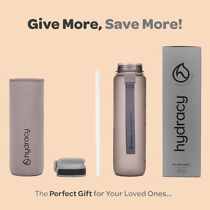 Hydracy Water Bottle with Time Marker -Large BPA Free Water Bottle & No Sweat Sleeve -Leak Proof Gym Bottle with Fruit Infuser Strainer & Times to Drink -Ideal for Fitness Sports & Outdoors