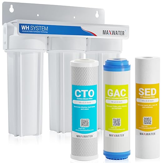 Max Water 3 Stage (Good for City Water) 10 inch Standard Water Filtration System for Whole House - Sediment + GAC + CTO Post Carbon - ¾ Inlet/Outlet - Model : WH-SW1