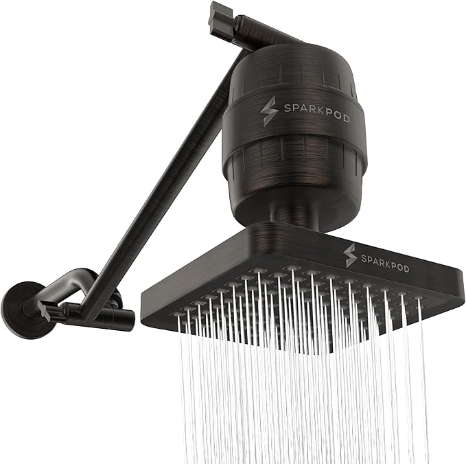 SparkPod 6" High Pressure Rain Shower Head with 23 Stage Filter Capsule & 11 Inch Adjustable Shower Arm Extension - Shower Filter Reduces Chlorine for Smoother Hair & Skin (Square, Oil-Rubbed Bronze)