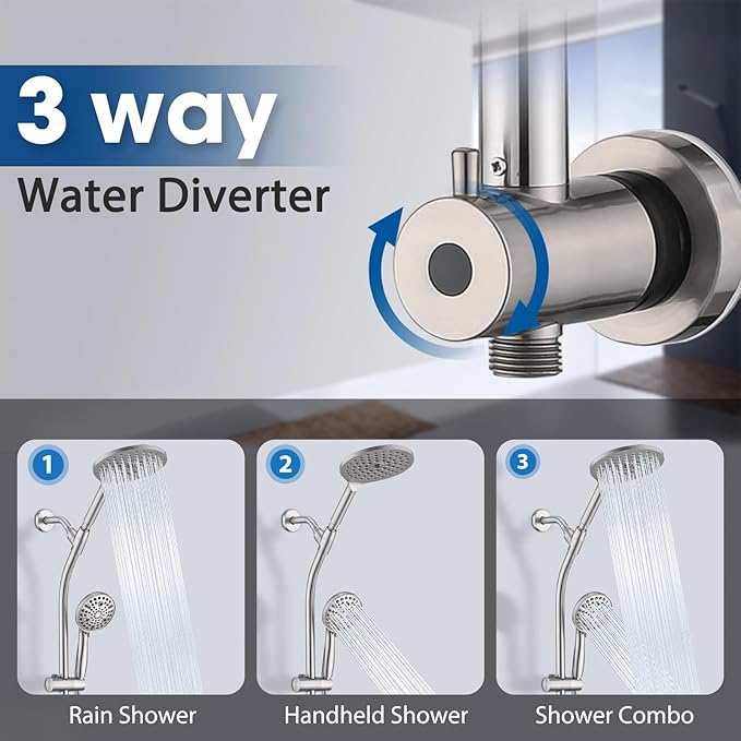 High Pressure Shower Head with Handheld Shower, 26" Adjustable Height Drill-Free Slide Bar, 3-Way Diverter for Easy Reach, Dual Shower Head Combo Set with 5ft Hose - Brushed Nickel