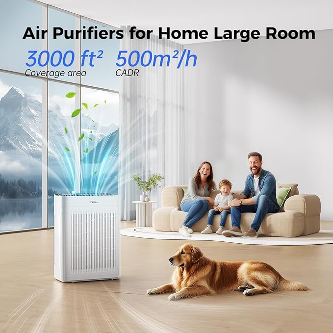 Air Purifier for Home Large Room Bedroom Up to 3000 Sq Ft with Washable Filters, H13 Hepa Double-Sided Air Filter Purifier PM 2.5 Sensor, Air Cleaner for Dust, Pets, Smoke, Pollon 22dB (White)